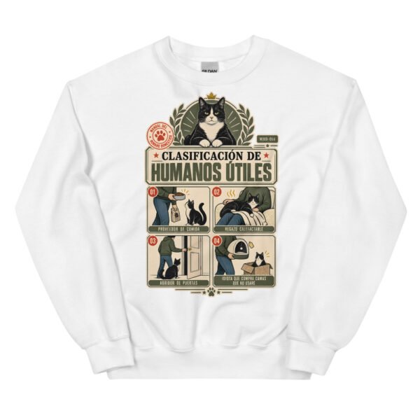 Sudadera de gatos «Clasificación de humanos útiles» — diseño MHD-014 de la serie Manual del Humano Doméstico en color Blanco