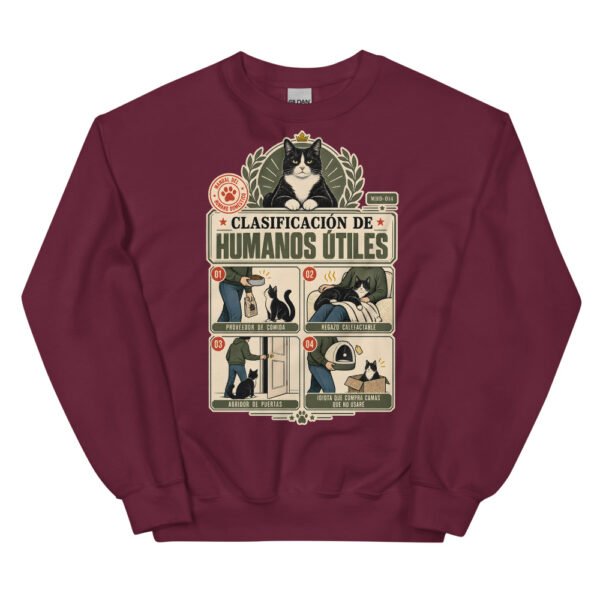 Sudadera de gatos «Clasificación de humanos útiles» — diseño MHD-014 de la serie Manual del Humano Doméstico en color Granate