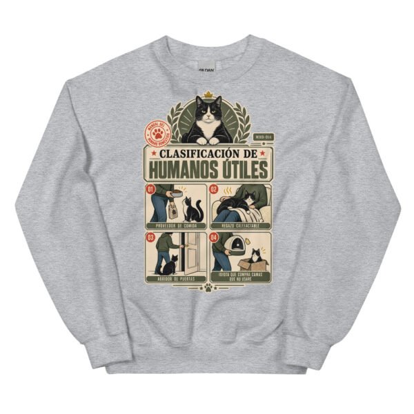 Sudadera de gatos «Clasificación de humanos útiles» — diseño MHD-014 de la serie Manual del Humano Doméstico en color Gris deportivo