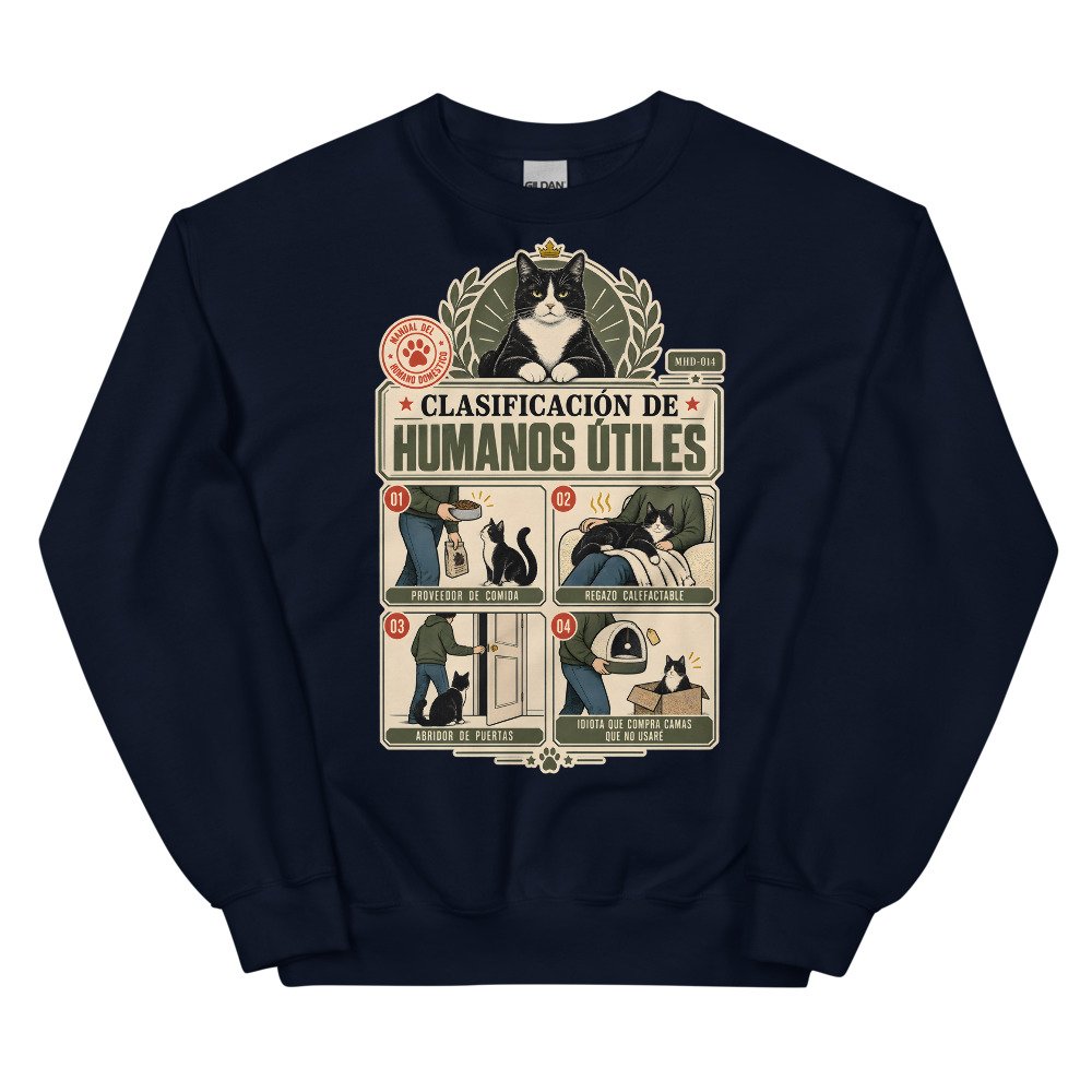 Sudadera de gatos «Clasificación de humanos útiles» — diseño MHD-014 de la serie Manual del Humano Doméstico en color Marino
