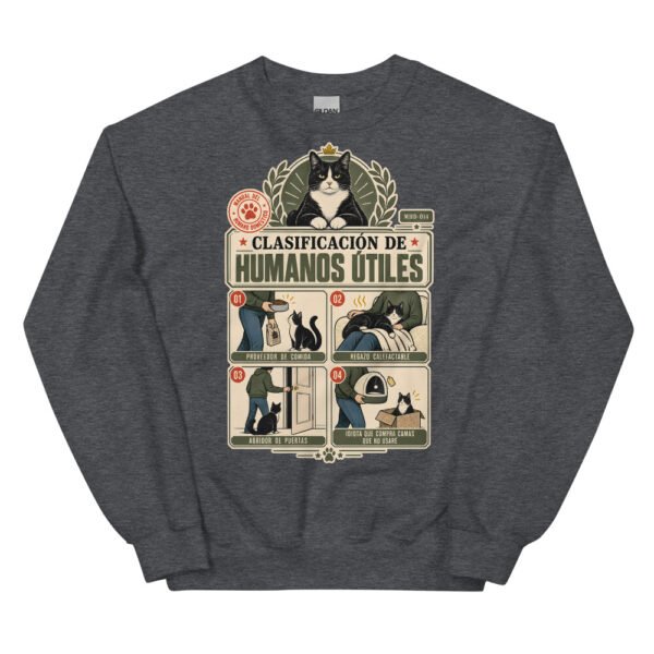 Sudadera de gatos «Clasificación de humanos útiles» — diseño MHD-014 de la serie Manual del Humano Doméstico en color Oscuro jaspeado