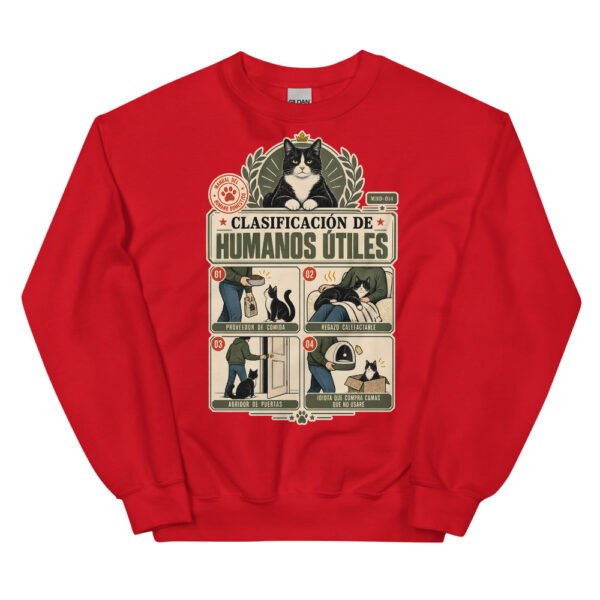 Sudadera de gatos «Clasificación de humanos útiles» — diseño MHD-014 de la serie Manual del Humano Doméstico en color Rojo