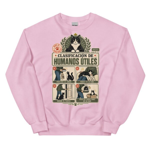Sudadera de gatos «Clasificación de humanos útiles» — diseño MHD-014 de la serie Manual del Humano Doméstico en color Rosa claro