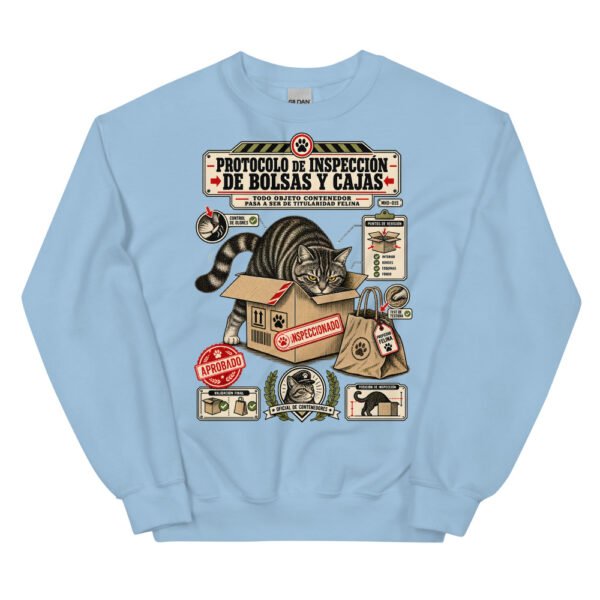 Sudadera de gatos «Inspección de bolsas y cajas» — diseño MHD-015 de la serie Manual del Humano Doméstico en color Azul claro