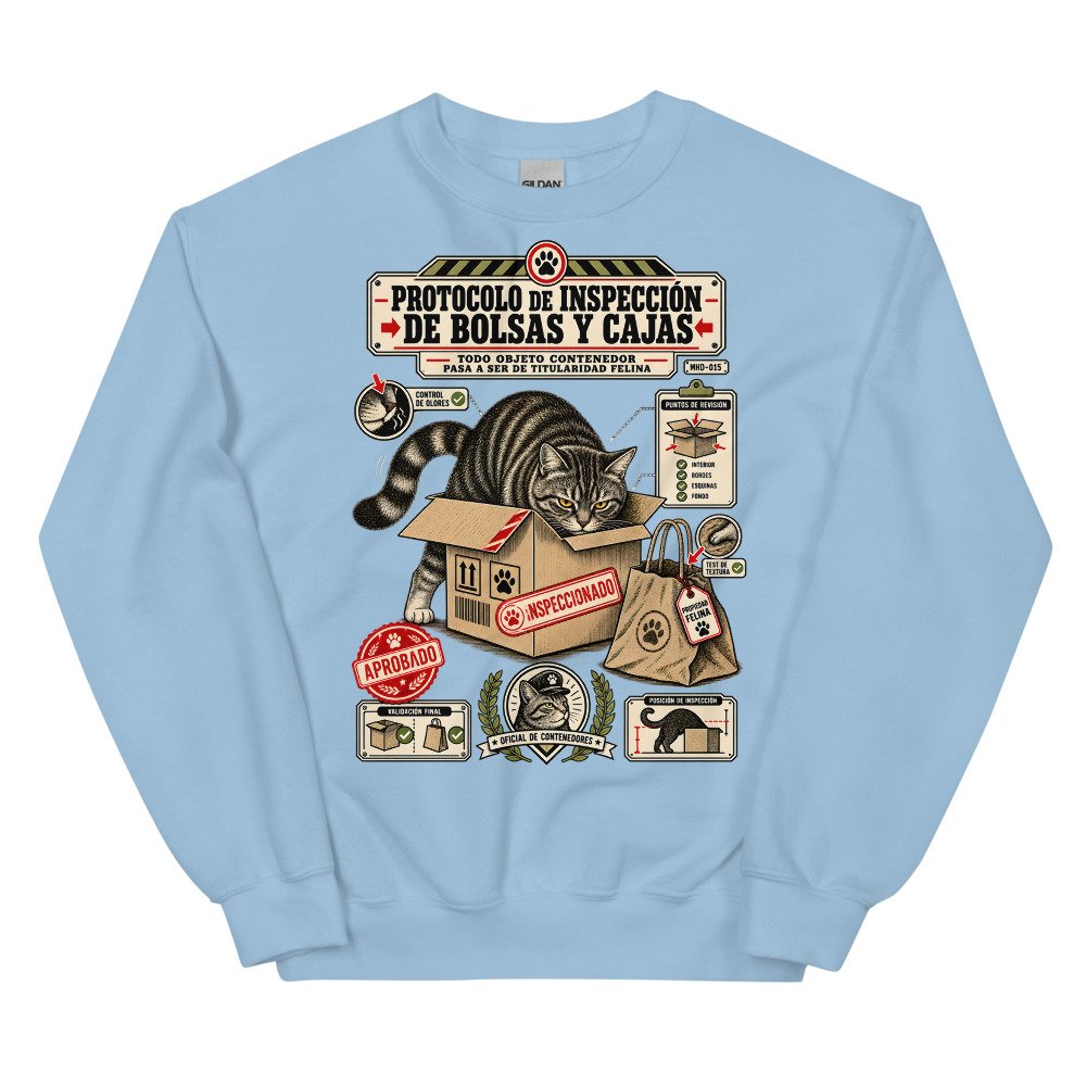 Sudadera de gatos «Inspección de bolsas y cajas» — diseño MHD-015 de la serie Manual del Humano Doméstico en color Azul claro