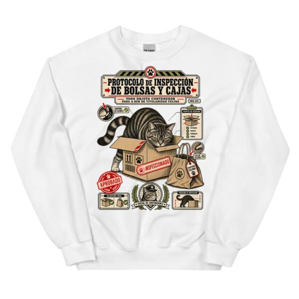 Sudadera de gatos «Inspección de bolsas y cajas» — diseño MHD-015 de la serie Manual del Humano Doméstico en color Blanco
