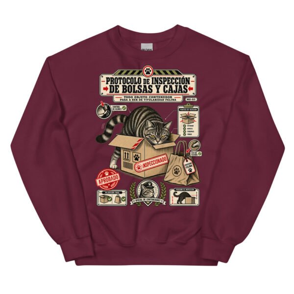 Sudadera de gatos «Inspección de bolsas y cajas» — diseño MHD-015 de la serie Manual del Humano Doméstico en color Granate