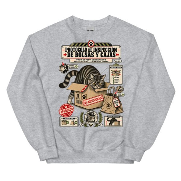 Sudadera de gatos «Inspección de bolsas y cajas» — diseño MHD-015 de la serie Manual del Humano Doméstico en color Gris deportivo