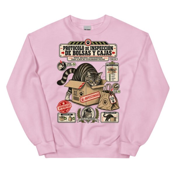 Sudadera de gatos «Inspección de bolsas y cajas» — diseño MHD-015 de la serie Manual del Humano Doméstico en color Rosa claro