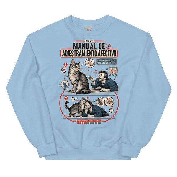 Sudadera de gatos «Adiestramiento afectivo» — diseño MHD-016 de la serie Manual del Humano Doméstico en color Azul claro