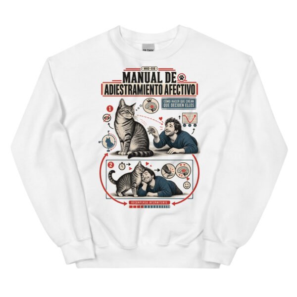 Sudadera de gatos «Adiestramiento afectivo» — diseño MHD-016 de la serie Manual del Humano Doméstico en color Blanco