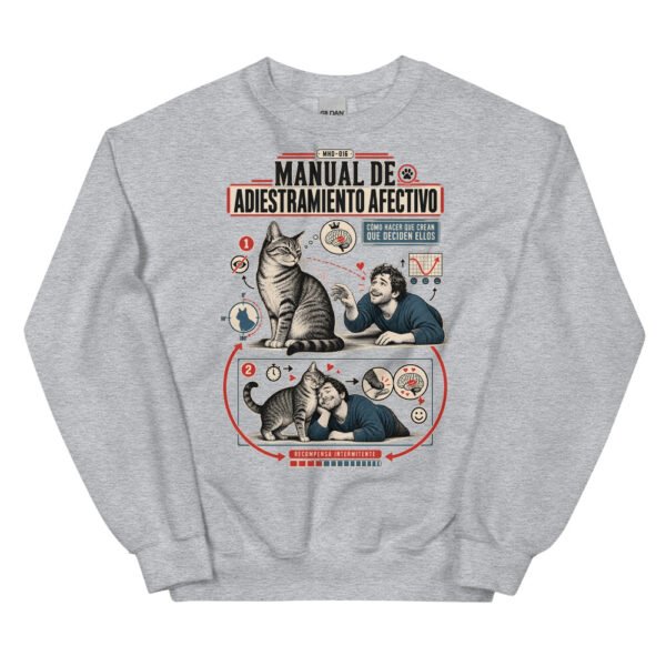 Sudadera de gatos «Adiestramiento afectivo» — diseño MHD-016 de la serie Manual del Humano Doméstico en color Gris deportivo