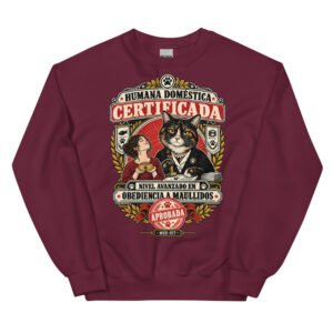 Sudadera de gatos «Humana doméstica certificada» — diseño MHD-017 de la serie Manual del Humano Doméstico en color Granate