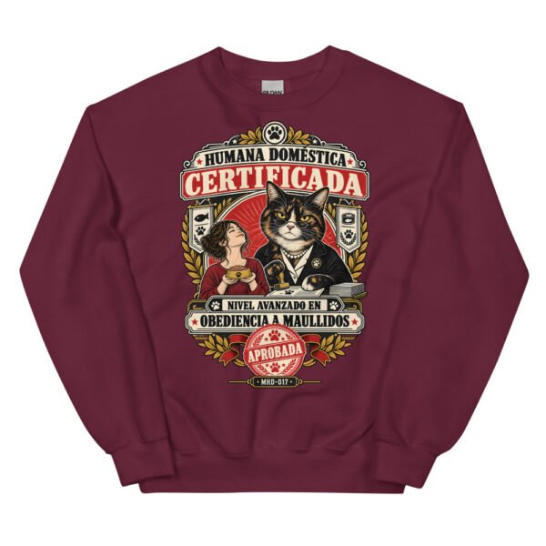 Sudadera de gatos «Humana doméstica certificada» — diseño MHD-017 de la serie Manual del Humano Doméstico en color Granate