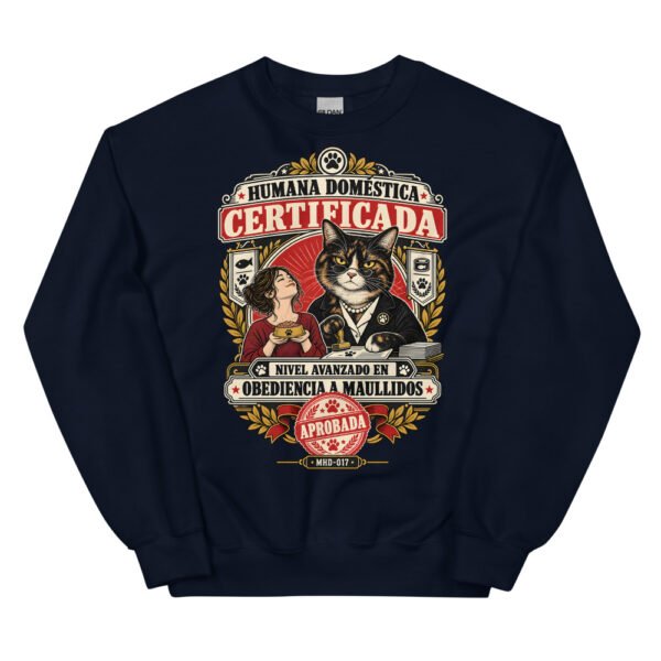 Sudadera de gatos «Humana doméstica certificada» — diseño MHD-017 de la serie Manual del Humano Doméstico en color Marino