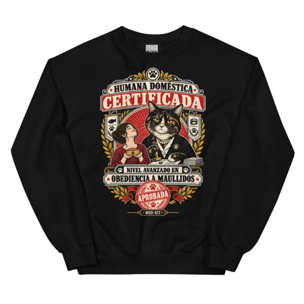 Sudadera de gatos «Humana doméstica certificada» — diseño MHD-017 de la serie Manual del Humano Doméstico en color Negro