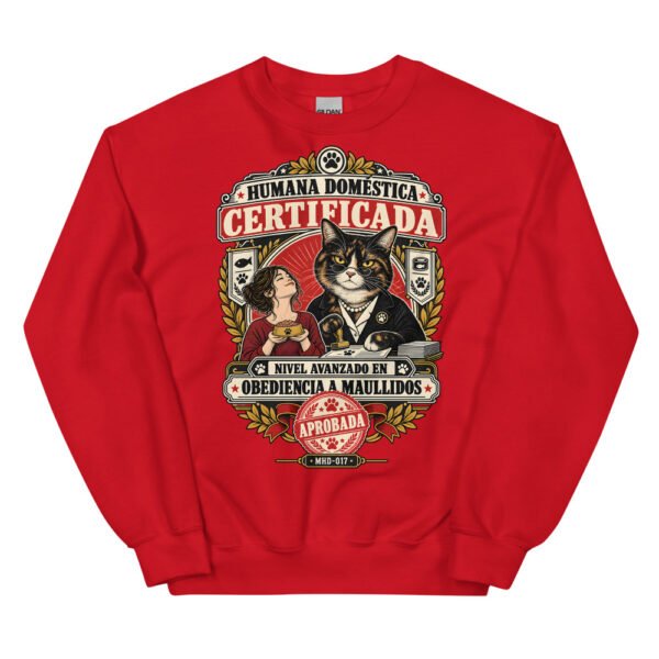 Sudadera de gatos «Humana doméstica certificada» — diseño MHD-017 de la serie Manual del Humano Doméstico en color Rojo