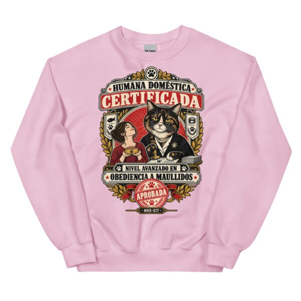 Sudadera de gatos «Humana doméstica certificada» — diseño MHD-017 de la serie Manual del Humano Doméstico en color Rosa claro