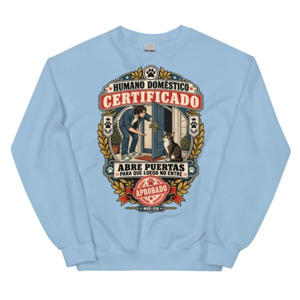 Sudadera de gatos «Humano doméstico certificado» — diseño MHD-018 de la serie Manual del Humano Doméstico en color Azul claro