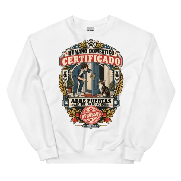 Sudadera de gatos «Humano doméstico certificado» — diseño MHD-018 de la serie Manual del Humano Doméstico en color Blanco