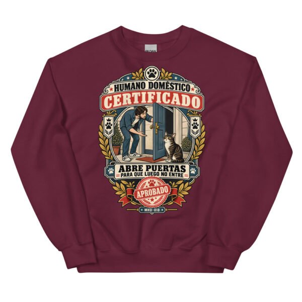 Sudadera de gatos «Humano doméstico certificado» — diseño MHD-018 de la serie Manual del Humano Doméstico en color Granate