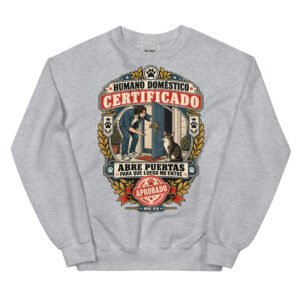 Sudadera de gatos «Humano doméstico certificado» — diseño MHD-018 de la serie Manual del Humano Doméstico en color Gris deportivo