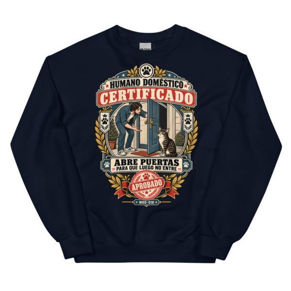 Sudadera de gatos «Humano doméstico certificado» — diseño MHD-018 de la serie Manual del Humano Doméstico en color Marino