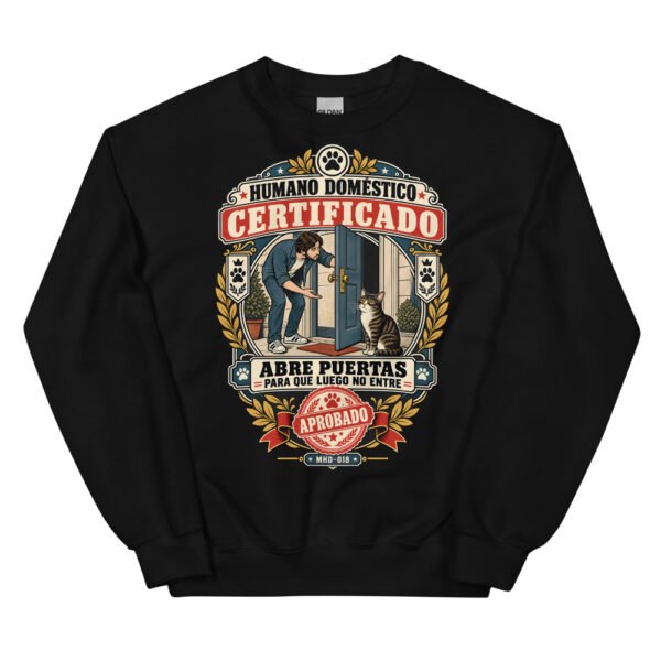 Sudadera de gatos «Humano doméstico certificado» — diseño MHD-018 de la serie Manual del Humano Doméstico en color Negro