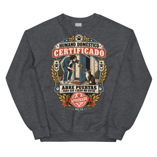 Sudadera de gatos «Humano doméstico certificado» — diseño MHD-018 de la serie Manual del Humano Doméstico en color Oscuro jaspeado