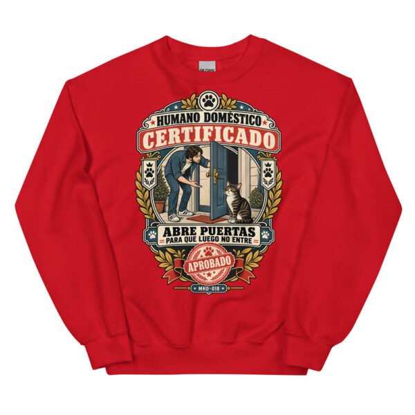 Sudadera de gatos «Humano doméstico certificado» — diseño MHD-018 de la serie Manual del Humano Doméstico en color Rojo