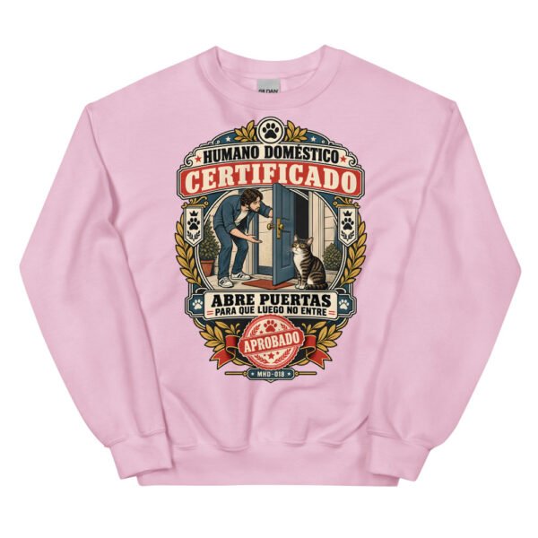 Sudadera de gatos «Humano doméstico certificado» — diseño MHD-018 de la serie Manual del Humano Doméstico en color Rosa claro