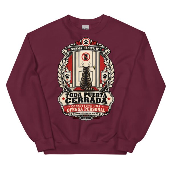 Sudadera de gatos «Toda puerta cerrada es una ofensa» — diseño MHD-019 de la serie Manual del Humano Doméstico en color Granate