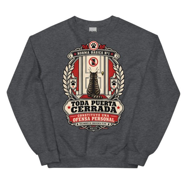 Sudadera de gatos «Toda puerta cerrada es una ofensa» — diseño MHD-019 de la serie Manual del Humano Doméstico en color Oscuro jaspeado