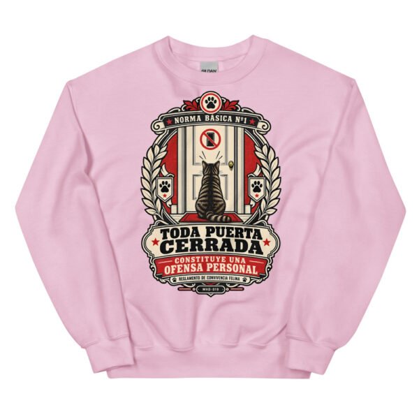 Sudadera de gatos «Toda puerta cerrada es una ofensa» — diseño MHD-019 de la serie Manual del Humano Doméstico en color Rosa claro