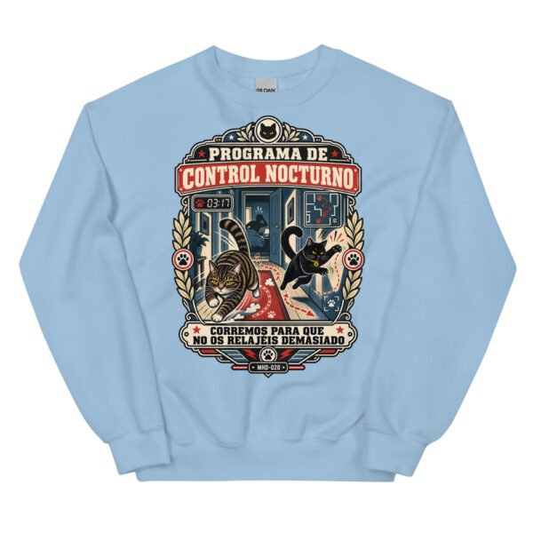 Sudadera de gatos «Programa de control nocturno» — diseño MHD-020 de la serie Manual del Humano Doméstico en color Azul claro