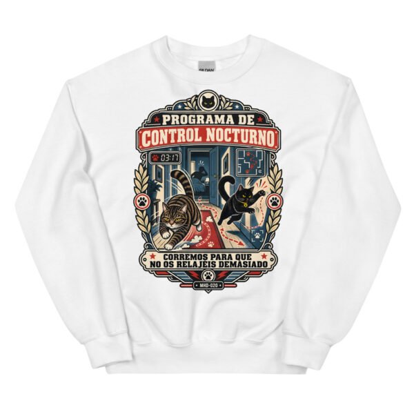 Sudadera de gatos «Programa de control nocturno» — diseño MHD-020 de la serie Manual del Humano Doméstico en color Blanco