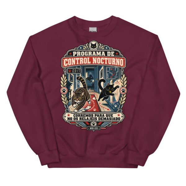 Sudadera de gatos «Programa de control nocturno» — diseño MHD-020 de la serie Manual del Humano Doméstico en color Granate