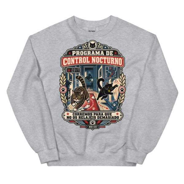 Sudadera de gatos «Programa de control nocturno» — diseño MHD-020 de la serie Manual del Humano Doméstico en color Gris deportivo