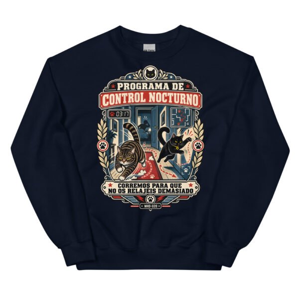 Sudadera de gatos «Programa de control nocturno» — diseño MHD-020 de la serie Manual del Humano Doméstico en color Marino