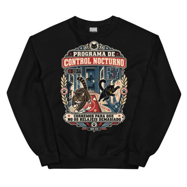 Sudadera de gatos «Programa de control nocturno» — diseño MHD-020 de la serie Manual del Humano Doméstico en color Negro