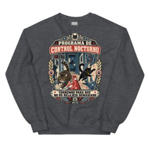 Sudadera de gatos «Programa de control nocturno» — diseño MHD-020 de la serie Manual del Humano Doméstico en color Oscuro jaspeado