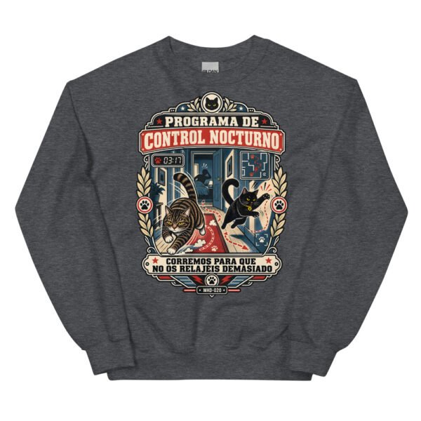 Sudadera de gatos «Programa de control nocturno» — diseño MHD-020 de la serie Manual del Humano Doméstico en color Oscuro jaspeado