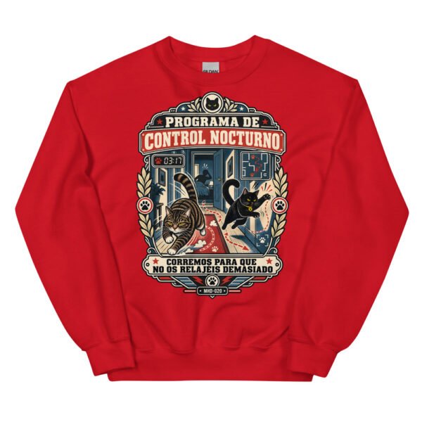 Sudadera de gatos «Programa de control nocturno» — diseño MHD-020 de la serie Manual del Humano Doméstico en color Rojo