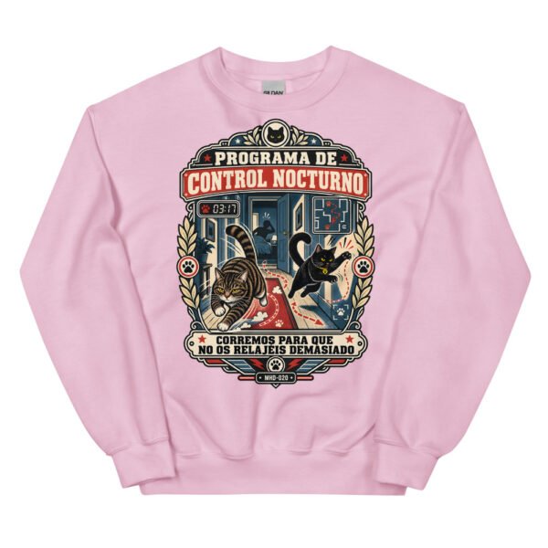 Sudadera de gatos «Programa de control nocturno» — diseño MHD-020 de la serie Manual del Humano Doméstico en color Rosa claro