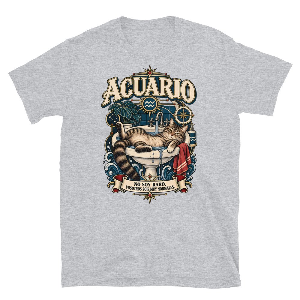 Camiseta gatos Acuario en color gris deportivo, vista plana
