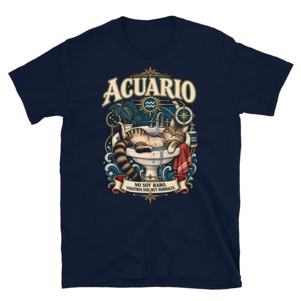 Camiseta gatos Acuario en color marino, vista plana