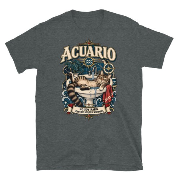 Camiseta gatos Acuario en color oscuro jaspeado, vista plana