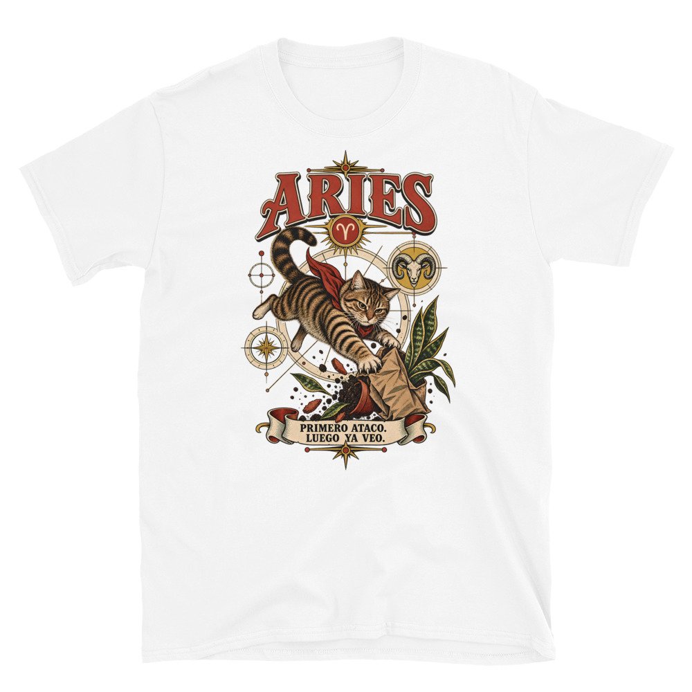 Camiseta gatos Aries en color blanco, vista plana
