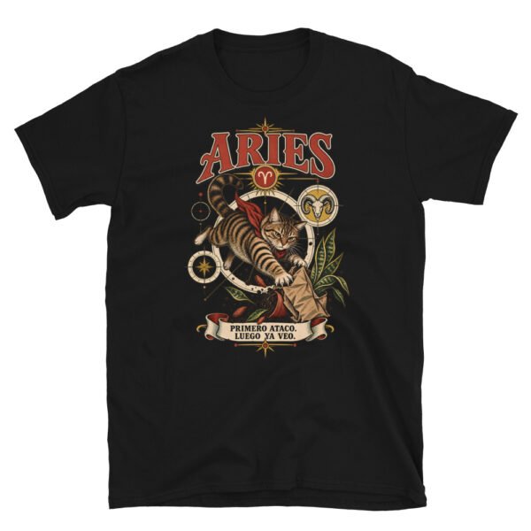 Camiseta gatos Aries en color negro, vista plana