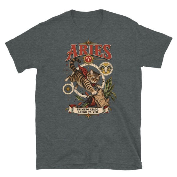 Camiseta gatos Aries en color oscuro jaspeado, vista plana